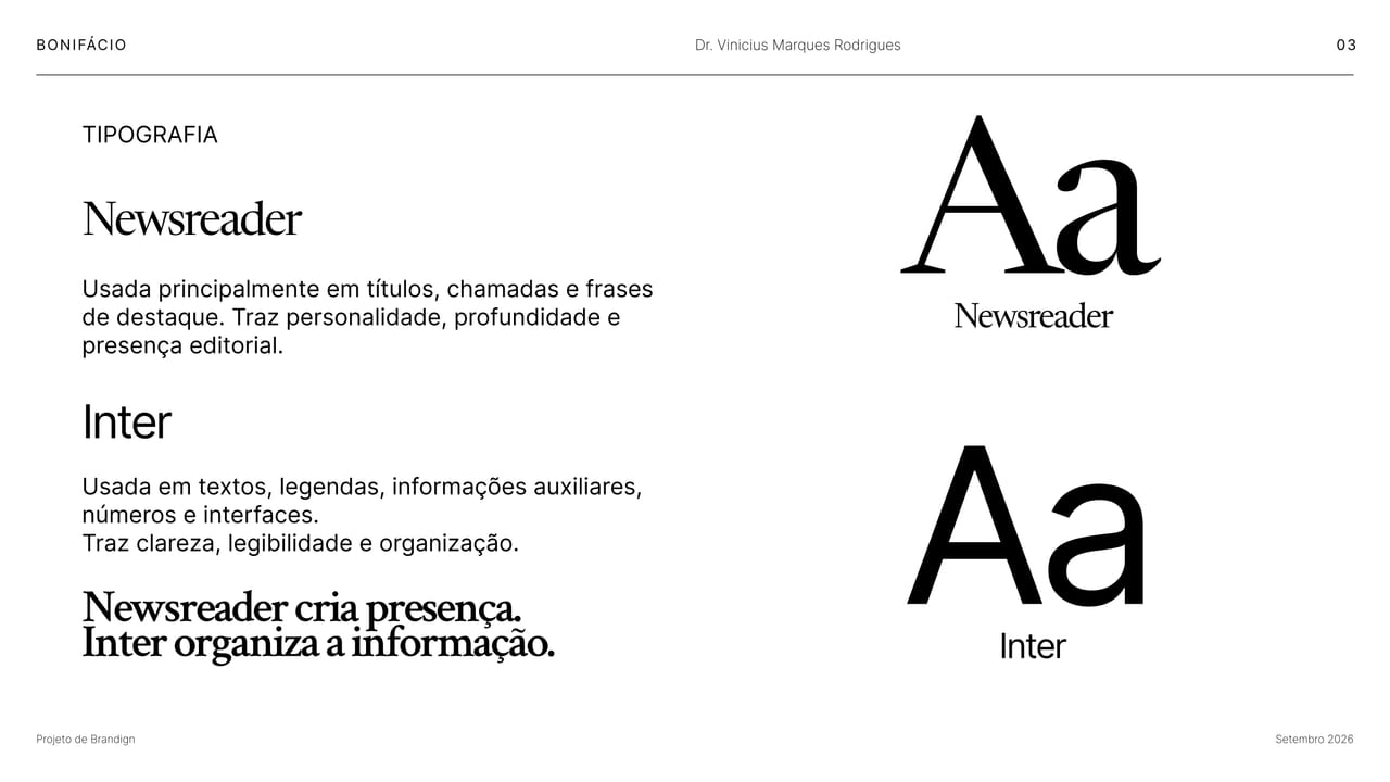 Página de tipografia do conceito visual: Newsreader e Inter.