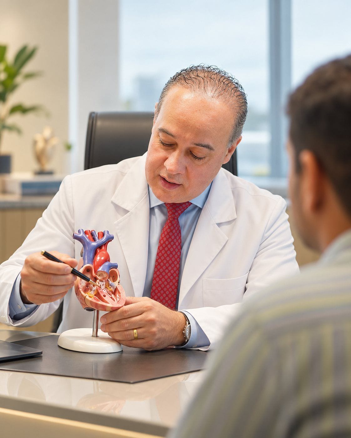 Dr. Vinicius explicando um modelo anatômico do coração a um paciente.