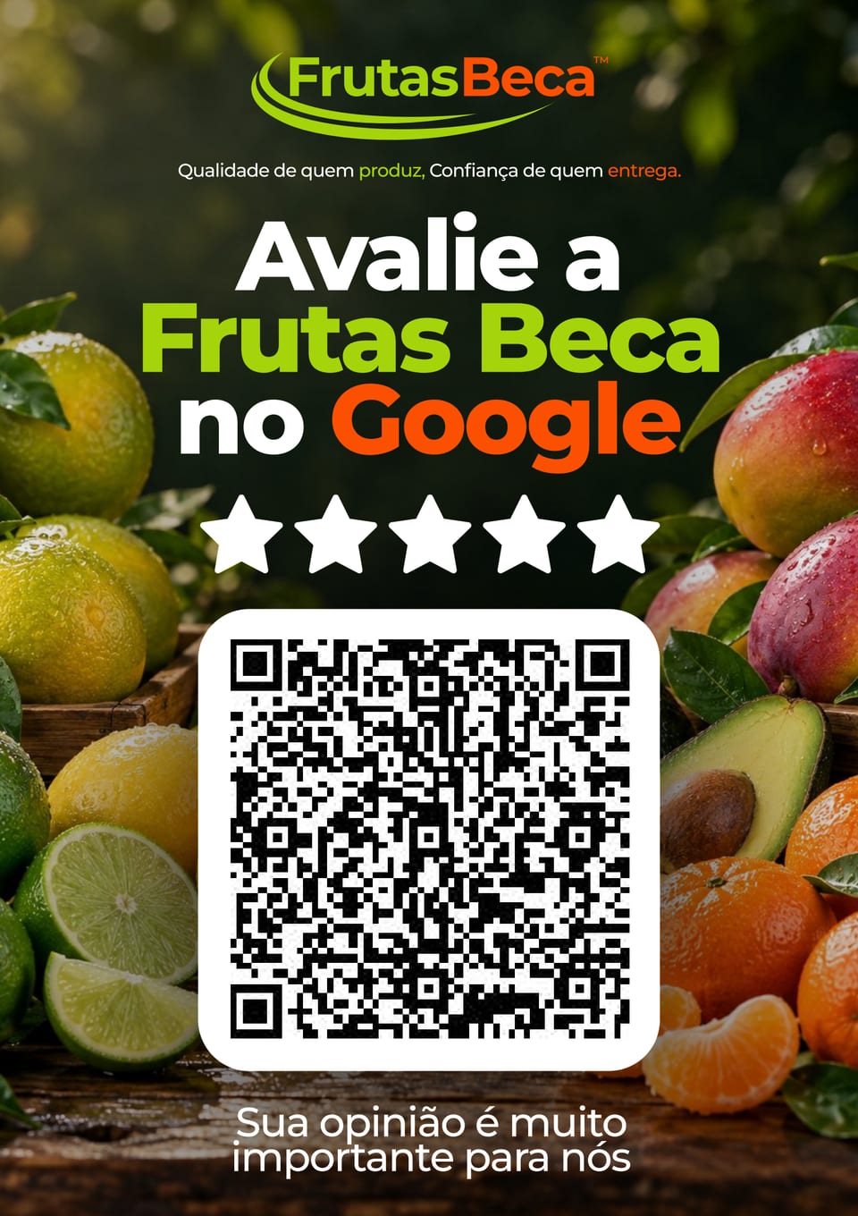 Peça impressa A5 convidando o cliente a avaliar a Frutas Beca no Google.