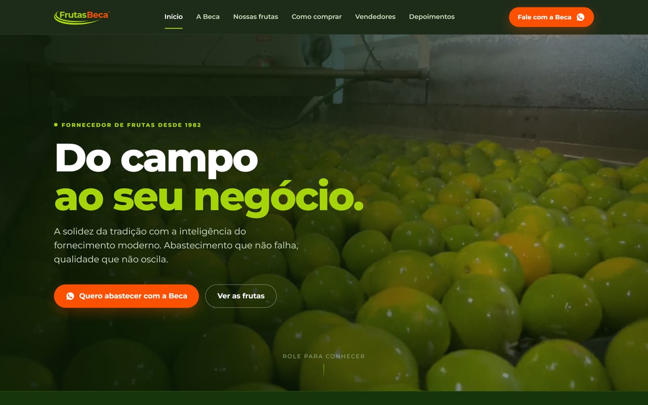 Página inicial do site da Frutas Beca no desktop.