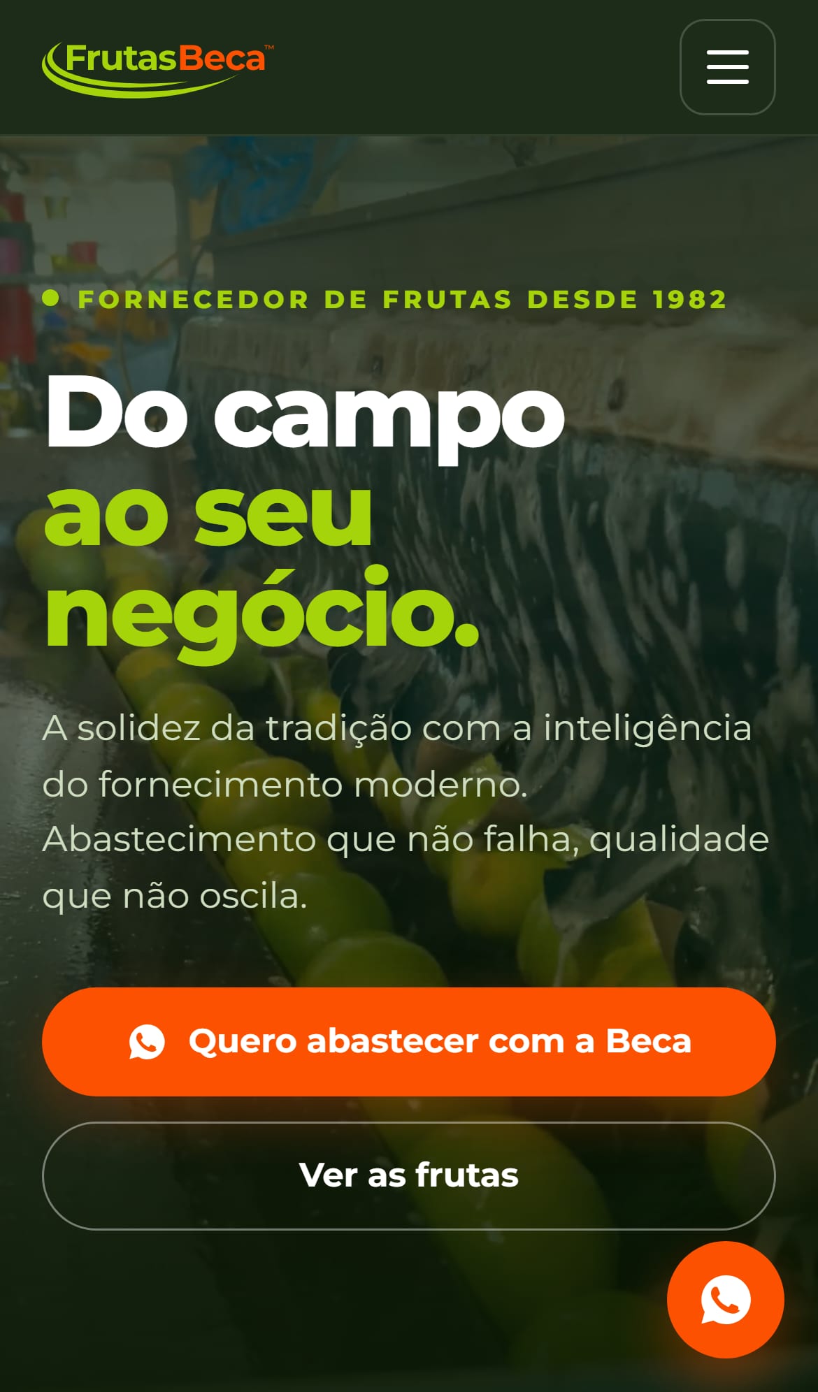Página inicial do site da Frutas Beca no celular.