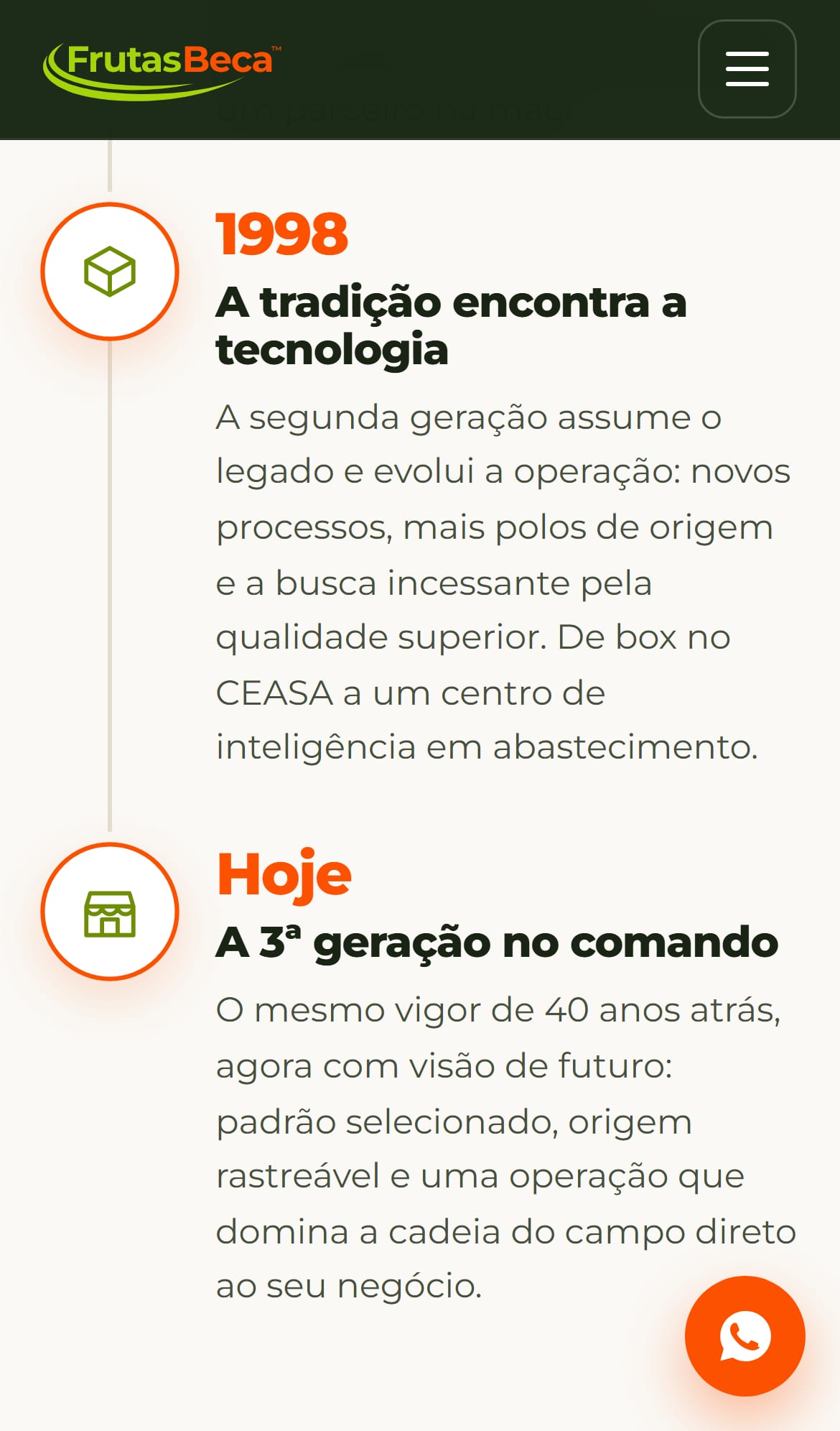 Linha do tempo da família no site da Frutas Beca, no celular.