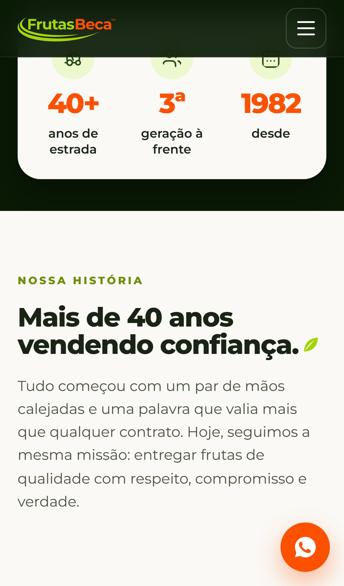 Seção de números do site da Frutas Beca no celular.
