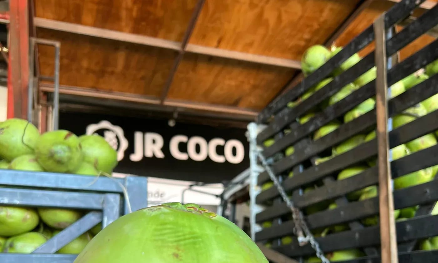 Placa da JR COCO no galpão de recebimento, com cocos em primeiro plano.