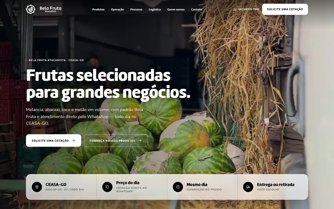 Página inicial do site da Bela Fruta Atacadista.