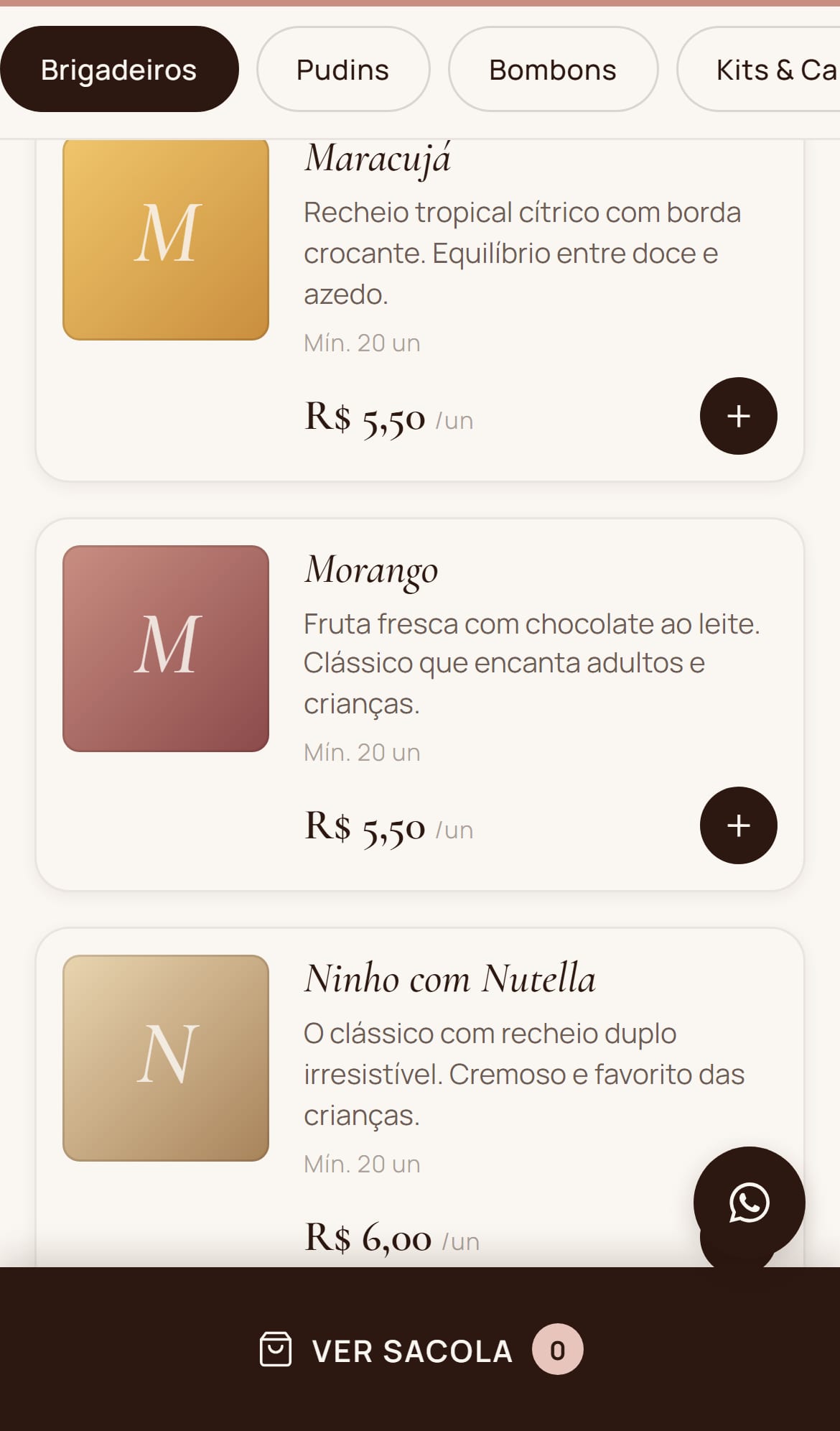 Lista de produtos do cardápio digital no celular.