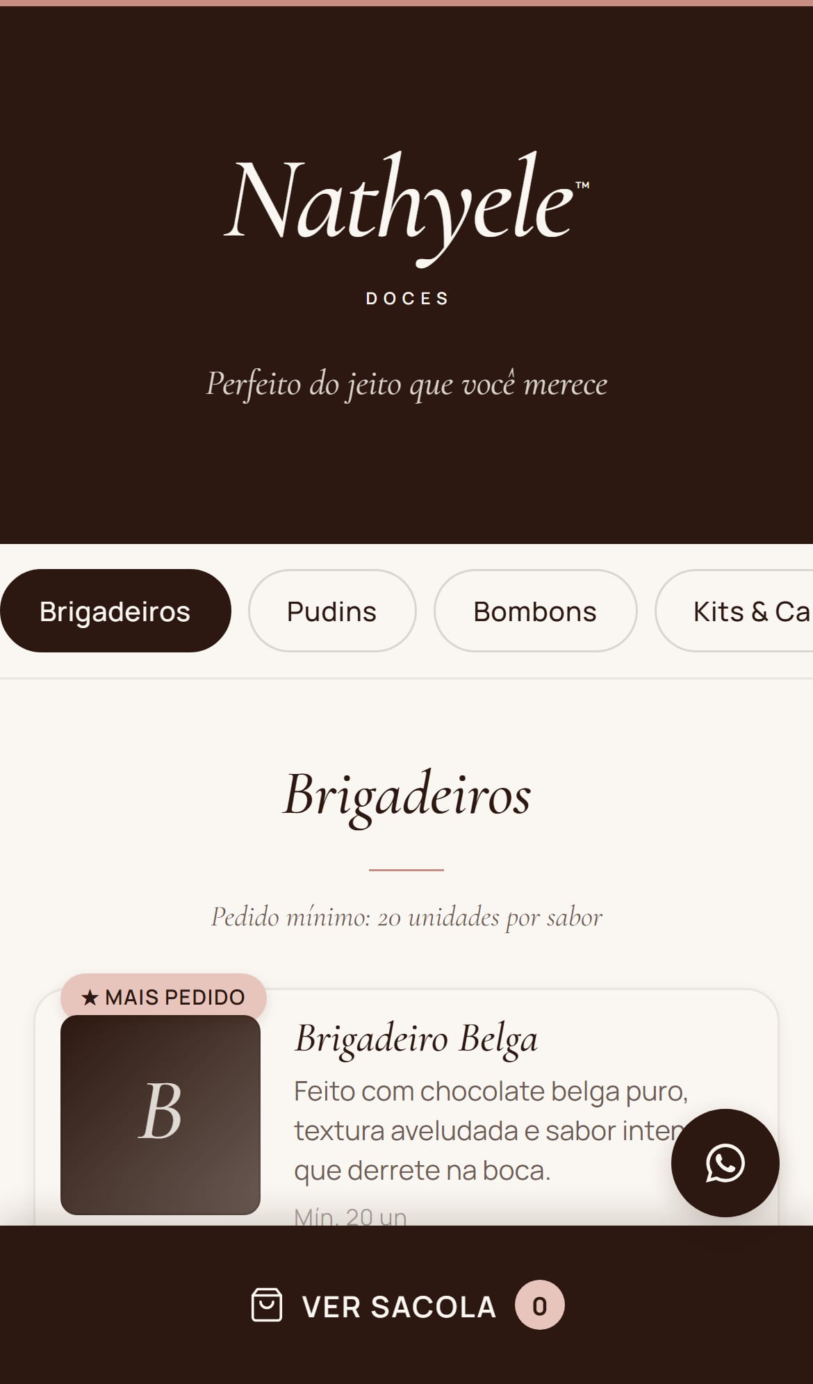 Topo do cardápio digital da Nathyele Doces no celular.